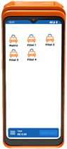 Smartphone com capa laranja exibindo uma tela com seis ícones de carro rotulados como Filial 1’, Filial 2’, Filial 3’.